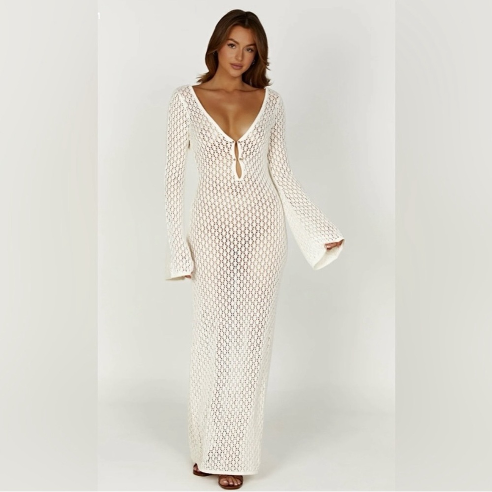 Meshki Kayleigh Crochet Fishtail Flare Dress in White XS